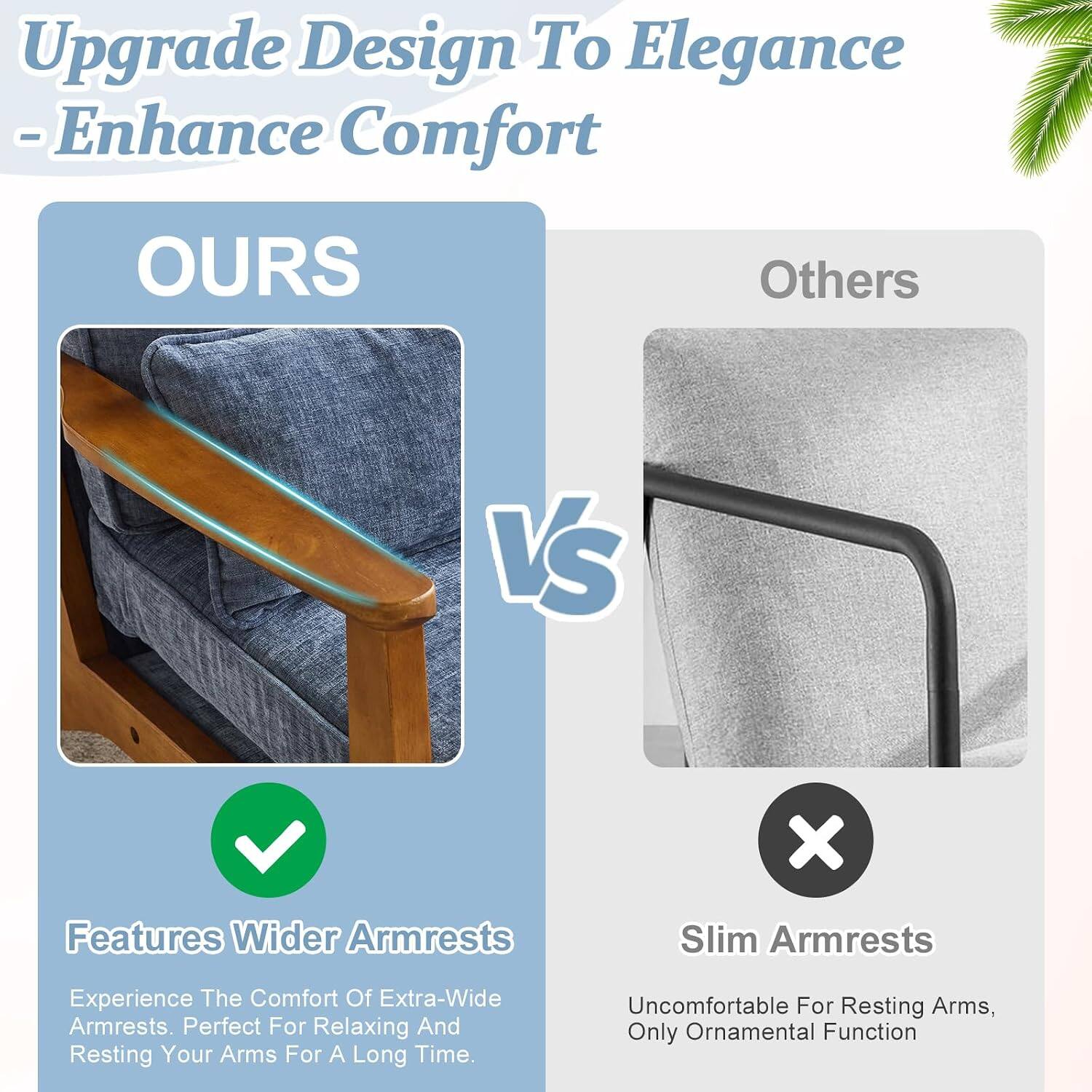 Upgrade Design To Elegance - Enhance Comfort

OURS
Features Wider Armrests
Experience The Comfort Of Extra-Wide Armrests. Perfect For Relaxing And Resting Your Arms For A Long Time.

Others
Slim Armrests
Uncomfortable For Resting Arms, Only Ornamental Function