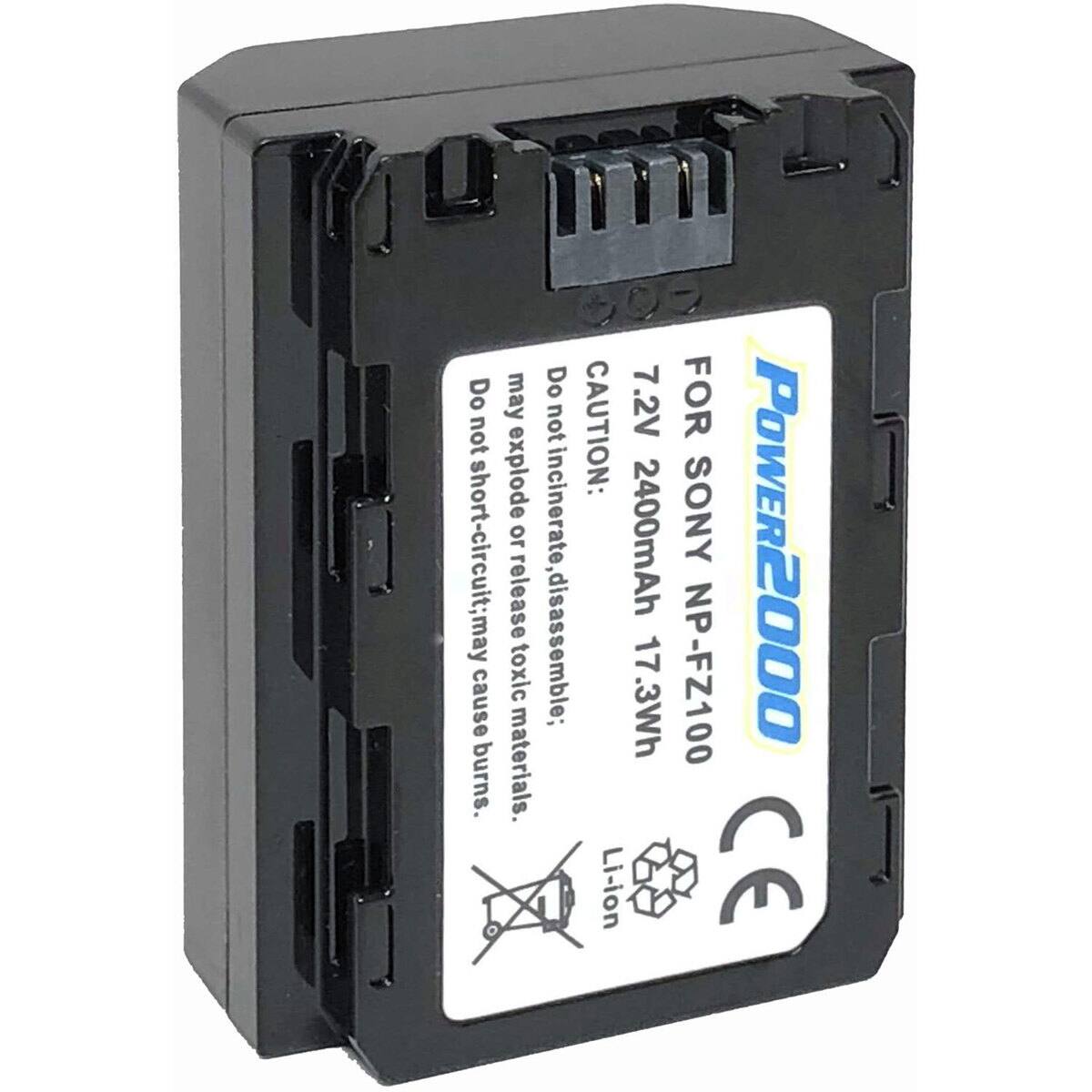 Do not short-circuit; may cause burns.  
CAUTION: may explode or incinerate.  
Do not incinerate; release toxic materials.  
Do not disassemble.  
7.2V 2400mAh 17.3Wh  
FOR SONY NP-FZ100  
POWER2000  
Li-ion  
CE