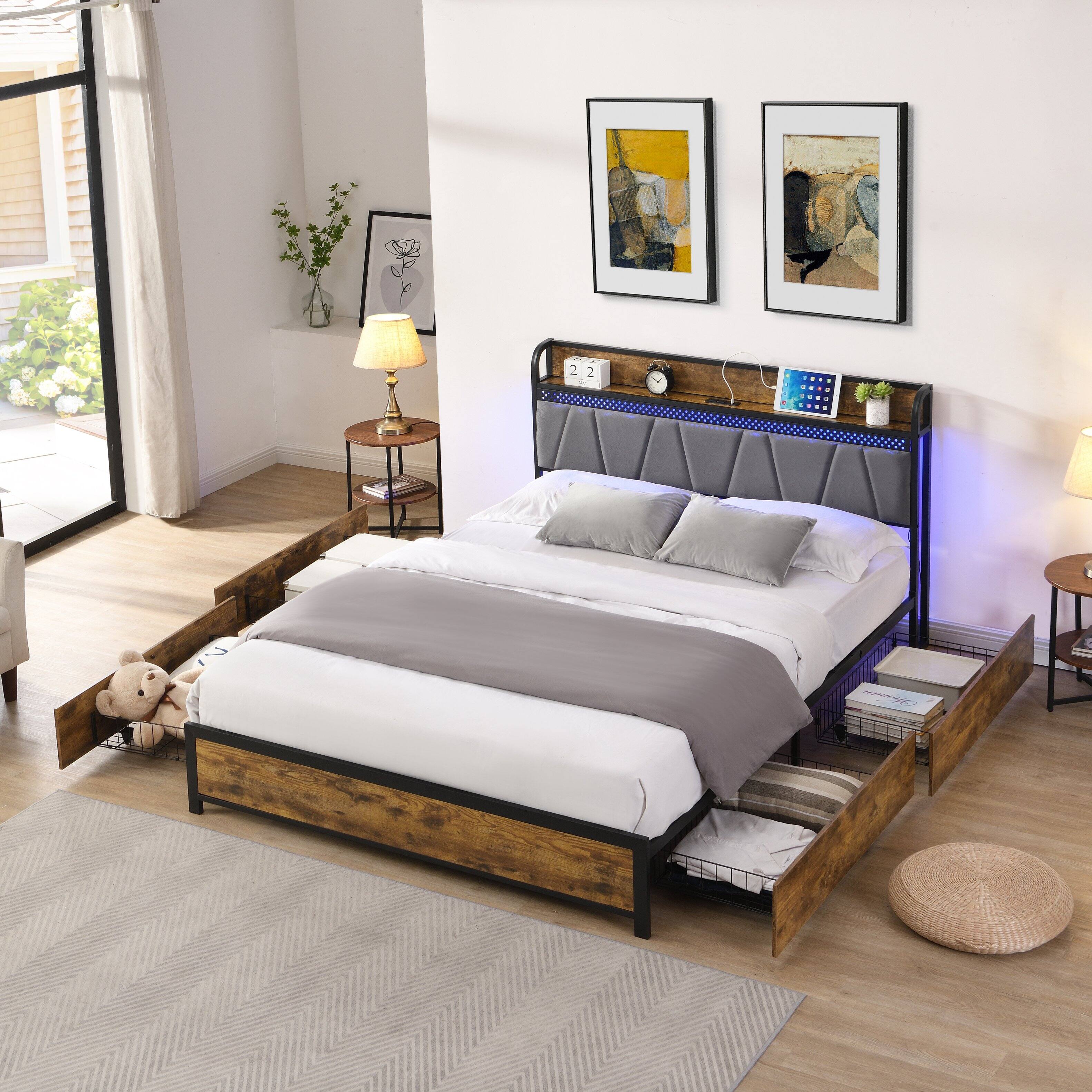 Angle. LUCKY ONE - Queen Size Bed Frame with Charging Station,4 Storage Drawers and LED Lights - Brown+Grey.