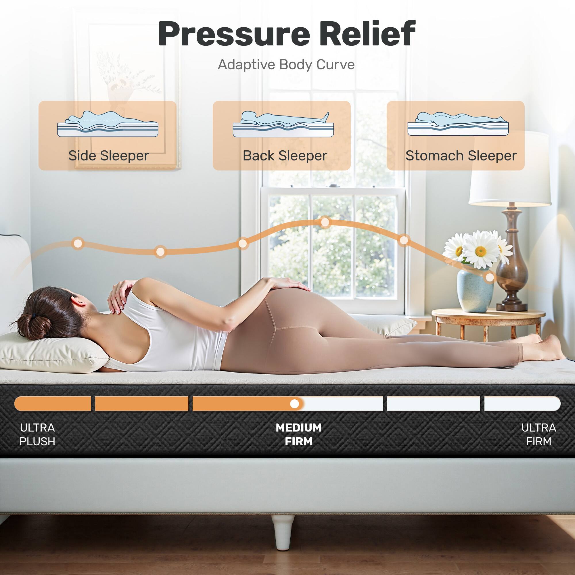 Pressure Relief Adaptive Body Curve  
Side Sleeper Back Sleeper Stomach Sleeper  
ULTRA PLUSH MEDIUM FIRM ULTRA FIRM