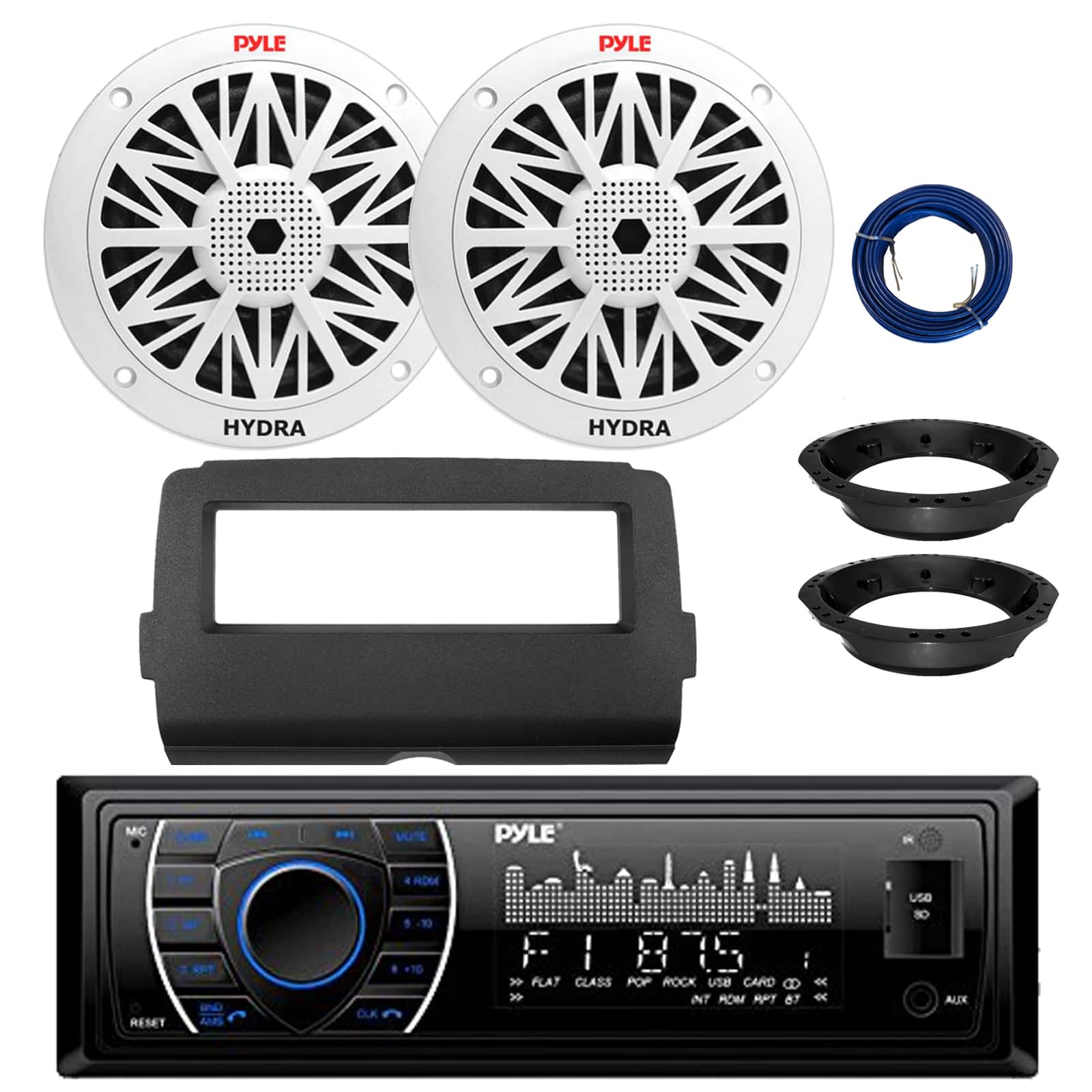 Pyle - PLRMR27BTB Bluetooth Marine AM/FM Receiver, 2x 6.5" 200W Speakers (White), 2014-up Harley Radio Install Kit, Wire