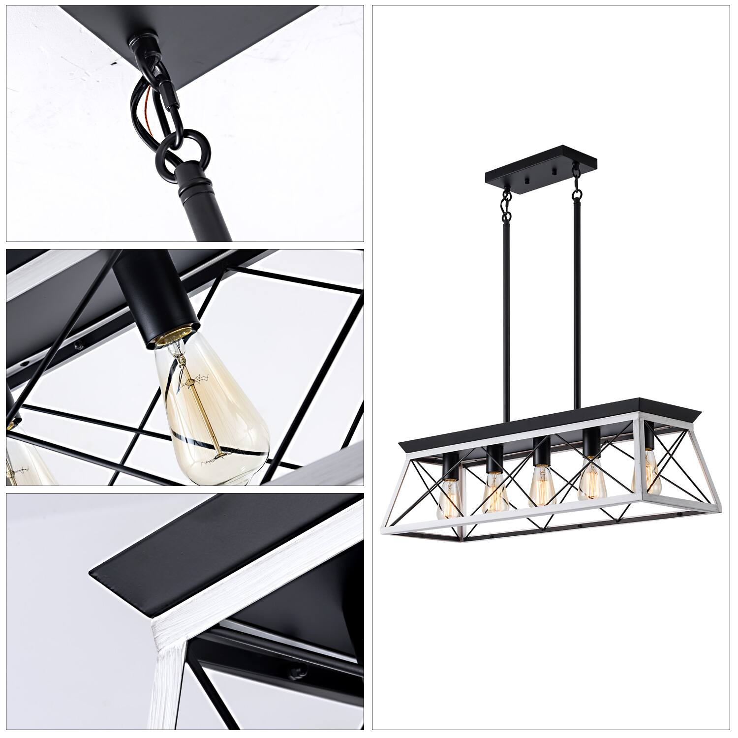 Alt View 1. Tiramisubest - 32" Black White Industrial 5-Light Pendant Chandelier, Modern Metal Cage Design, Adjustable Hanging Light (No Bulbs) - White+Black.