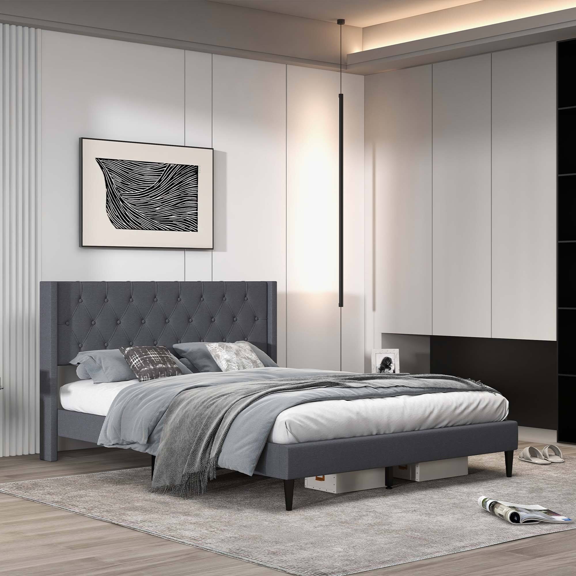 Alt View 1. Costway - Costway Queen Size Upholstered Platform Bed with Button Tufted Wingback Headboard - Grey.