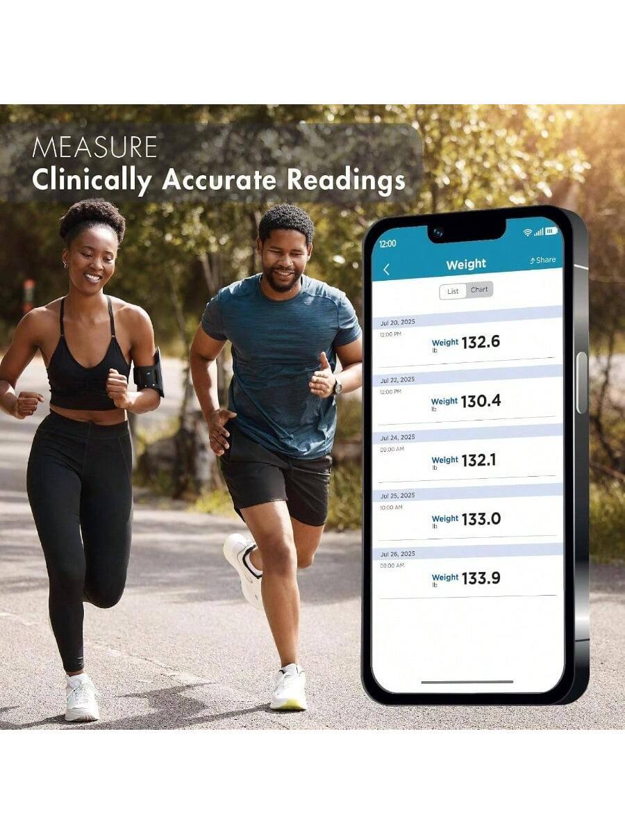 MEASURE  
Clinically Accurate Readings

Weight  
Jul 20, 2025  
12:00 PM  
Weight 132.6 lb

Jul 22, 2025  
12:00 PM  
Weight 130.4 lb

Jul 24, 2025  
09:30 AM  
Weight 132.1 lb

Jul 25, 2025  
10:00 AM  
Weight 133.0 lb

Jul 26, 2025  
09:30 AM  
Weight 133.9 lb