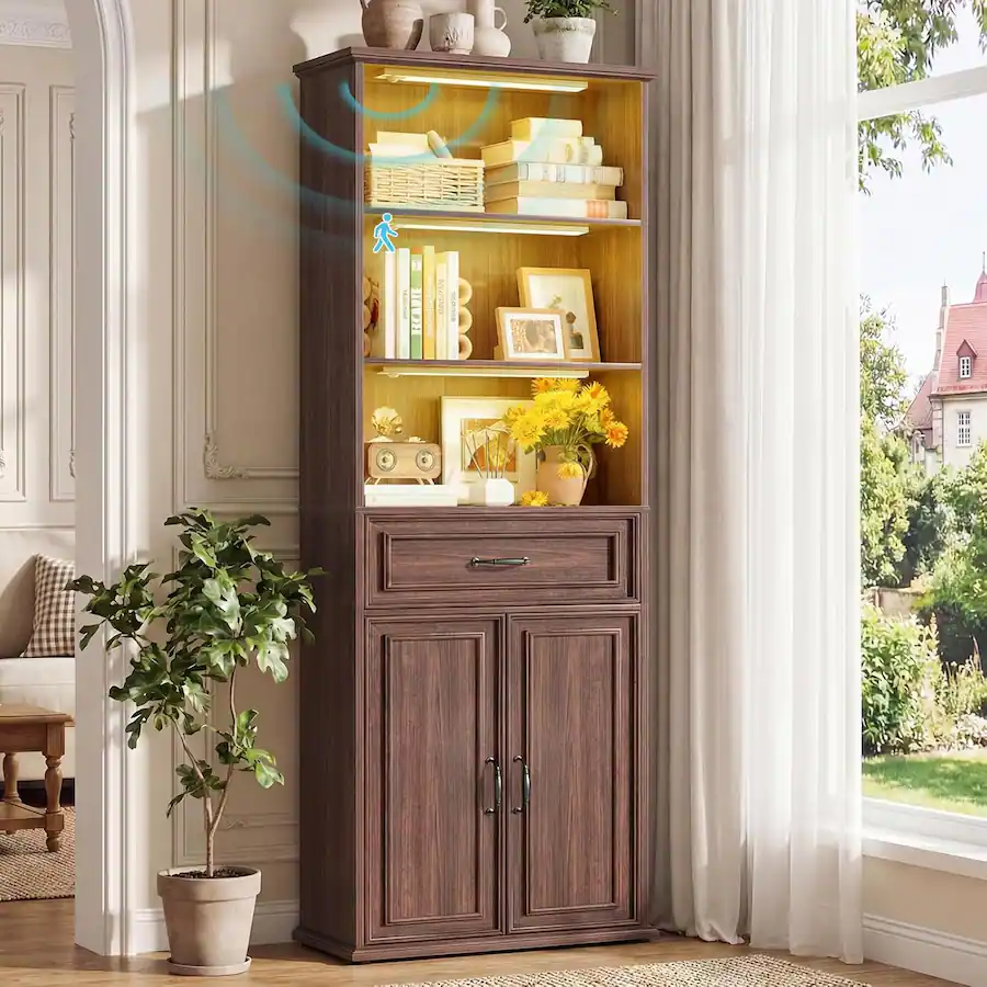 Aheaplus 80'' Tall Farmhouse Bookcase with 3 Motion Sensor Lights ...