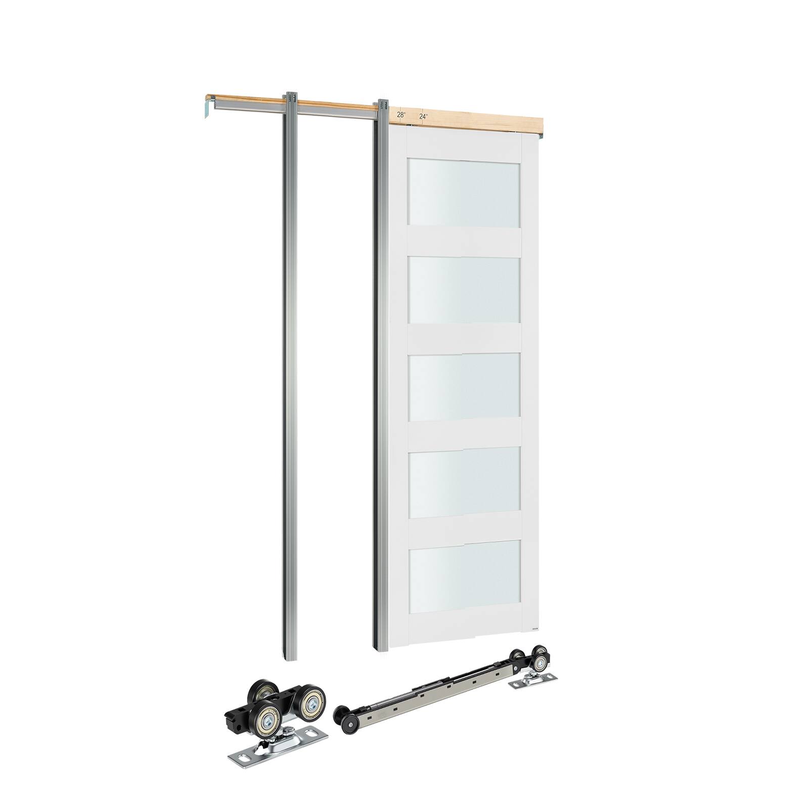 Front. VEVOR - Sliding Pocket Door,30" x 80",5-Lite Frosted Glass Single Sliding Door with Hardware Kit, Sturdy Solid Wood & MDF Pocket - White.