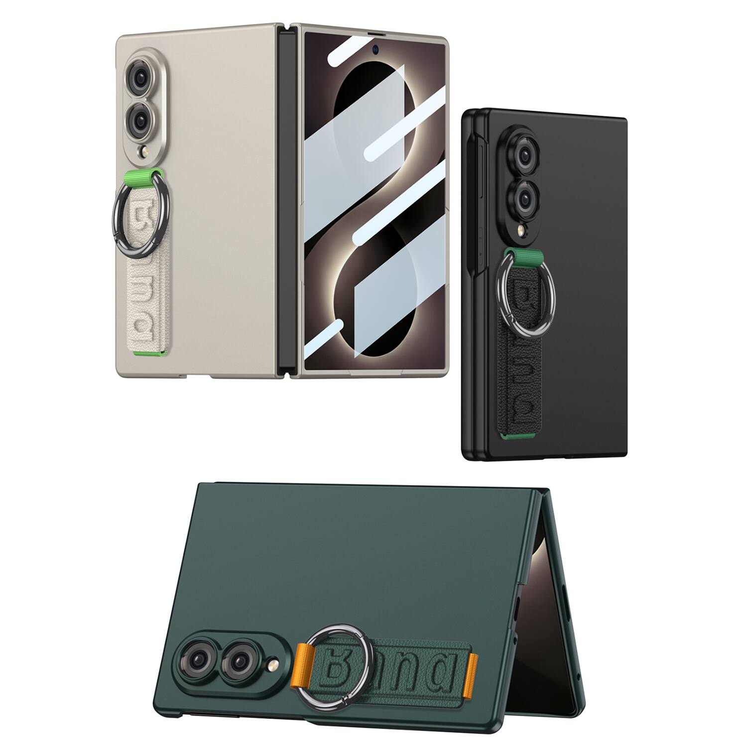 Alt View 5. Dteck - Slim Case for Samsung Galaxy Z Fold8,Built-in Screen Protector with PU Leather Wristband Grip Ring,Rugged PC Back Cover - Black.