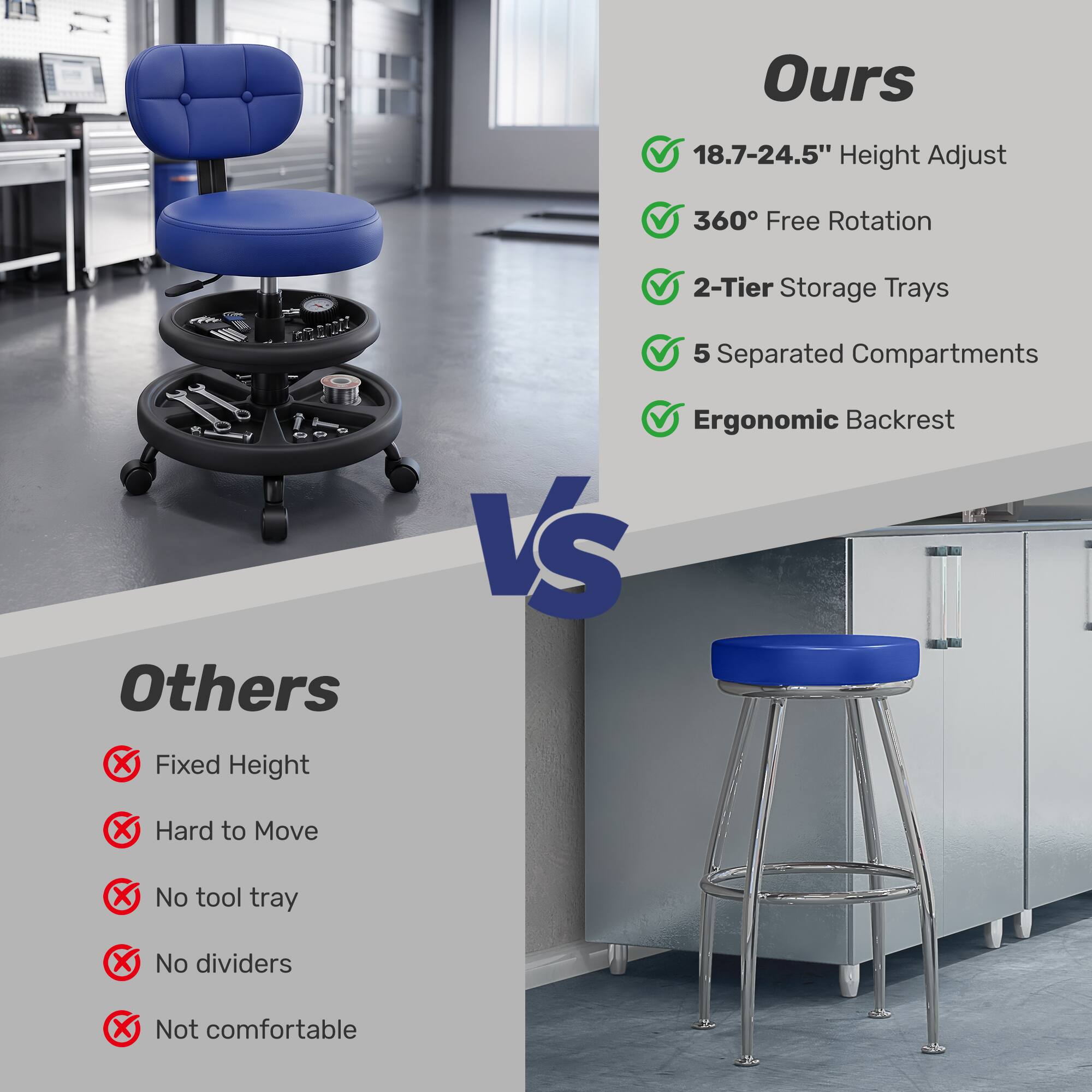 Ours
- 18.7-24.5" Height Adjust
- 360° Free Rotation
- 2-Tier Storage Trays
- 5 Separated Compartments
- Ergonomic Backrest

Others
- Fixed Height
- Hard to Move
- No tool tray
- No dividers
- Not comfortable