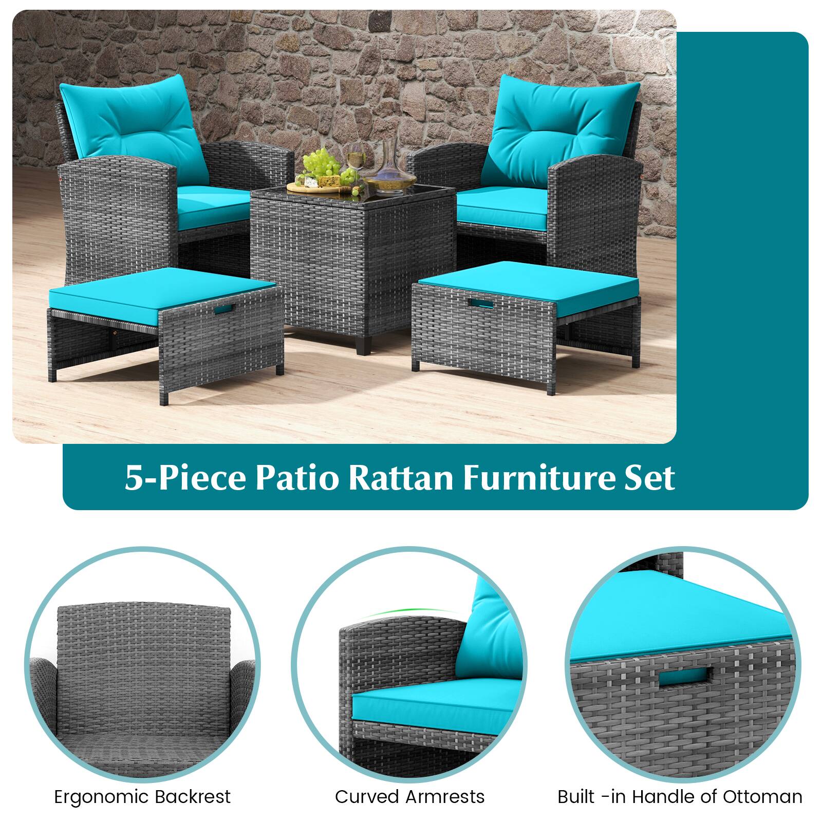 5-Piece Patio Rattan Furniture Set

- Ergonomic Backrest
- Curved Armrests
- Built-in Handle of Ottoman