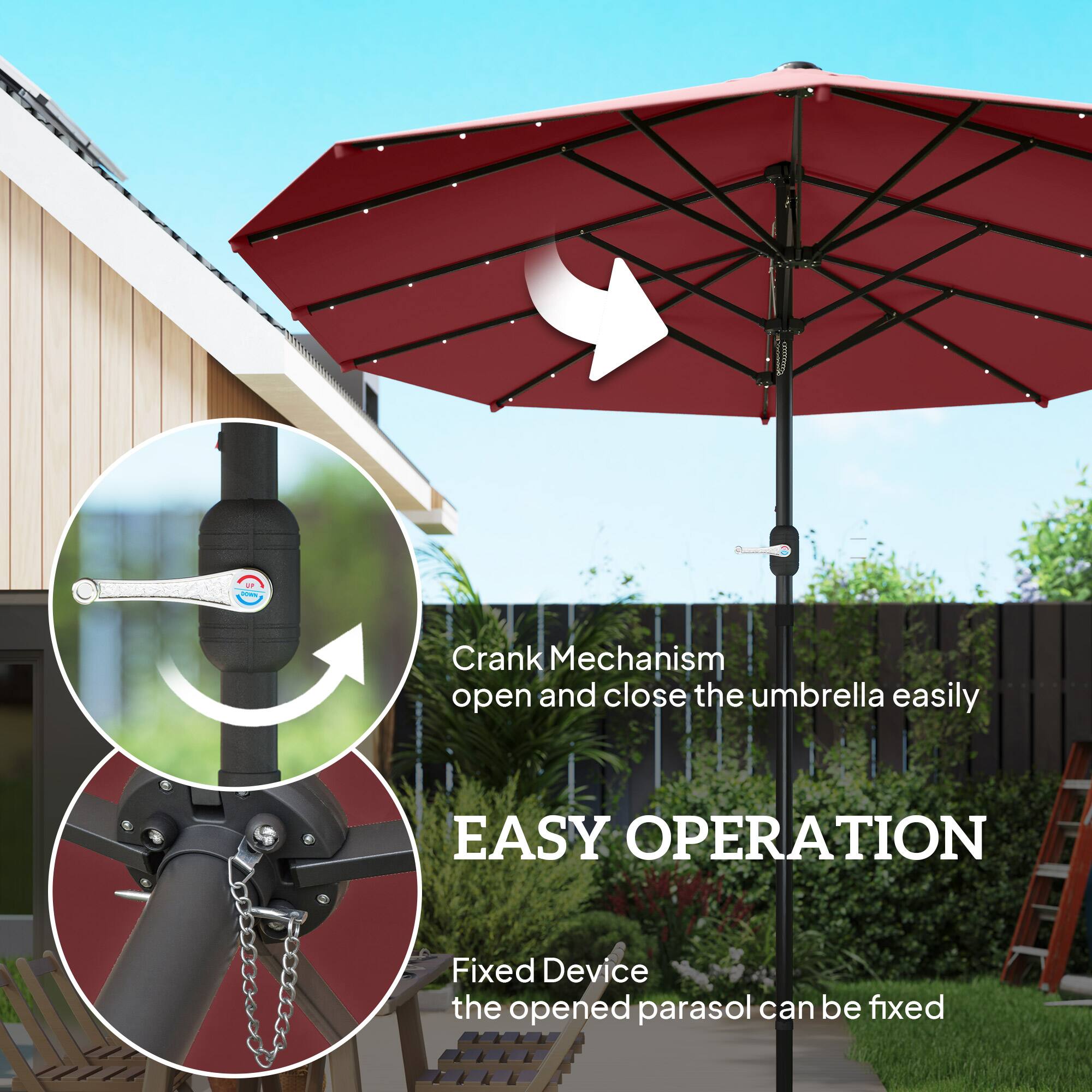 Crank Mechanism open and close the umbrella easily, EASY OPERATION, Fixed Device the opened parasol can be fixed.