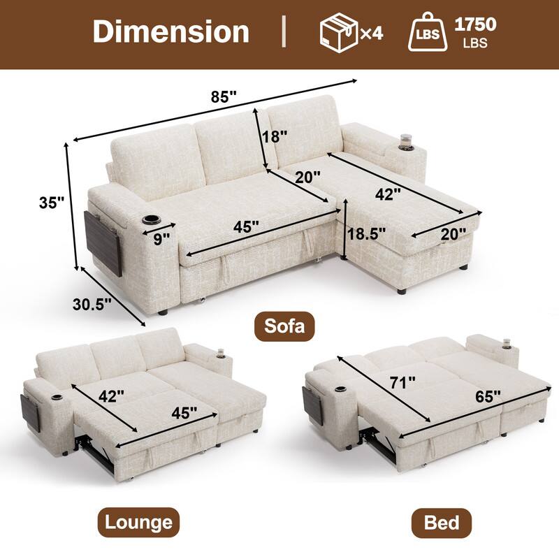 Dimension  
- Sofa: 85" x 45" x 35" x 18" x 20" x 42" x 18.5" x 20"  
- Lounge: 42" x 45" x 30.5"  
- Bed: 71" x 65"  

Weight: 1750 LBS  
Boxes: x4
