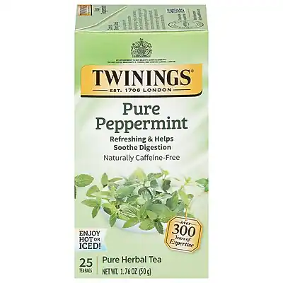 TWININGS
EST. 1706 LONDON
Pure Peppermint
Refreshing & Helps Soothe Digestion
Naturally Caffeine-Free
Enjoy Hot or Iced!
25 Pure Herbal Tea Bags
NET WT. 1.76 OZ (50g)
Expertise 300 Years