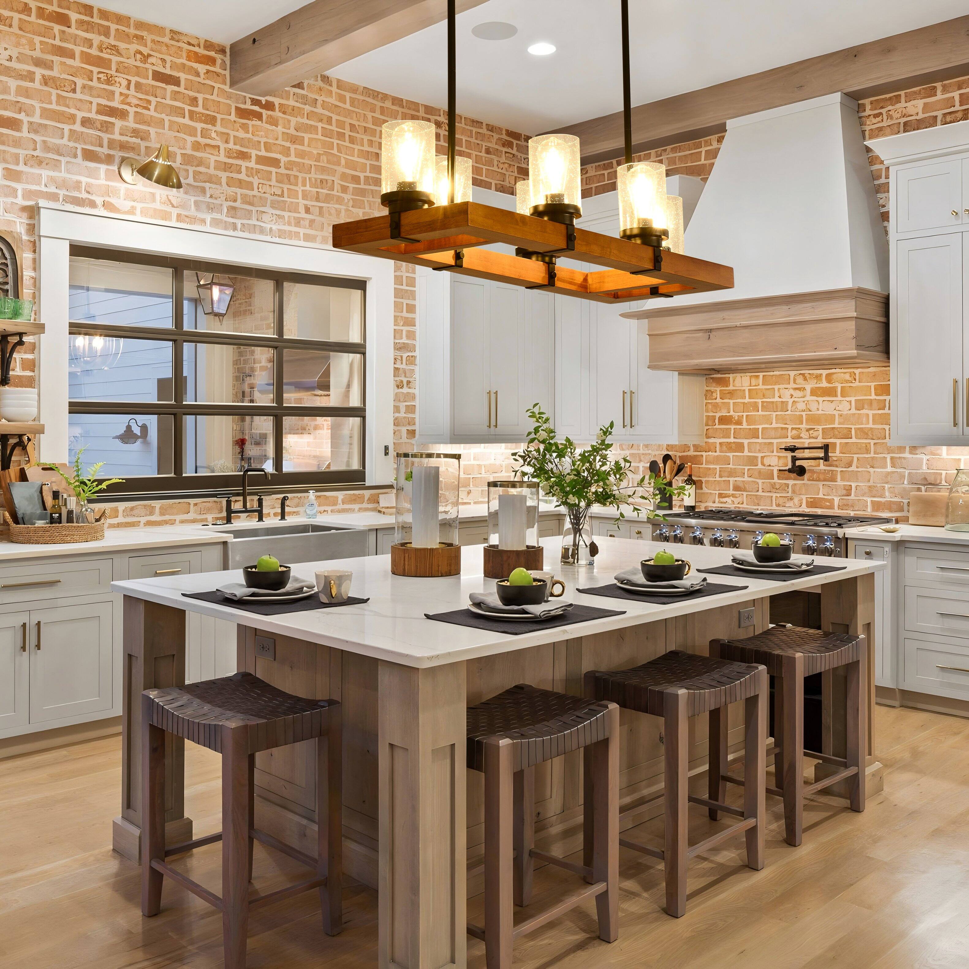 Alt View 8. RYHNUYNE - 6-Light Farmhouse Wood Chandelier with Seeded Glass Shades - Rustic Rectangular Pendant Light for Dining Room Kitchen - Black.