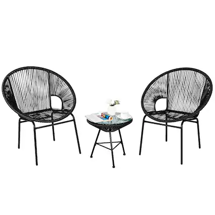 Front. Costway - Costway 3PCS Patio Acapulco Furniture Bistro Set Plastic Rope Glass Table - Black.