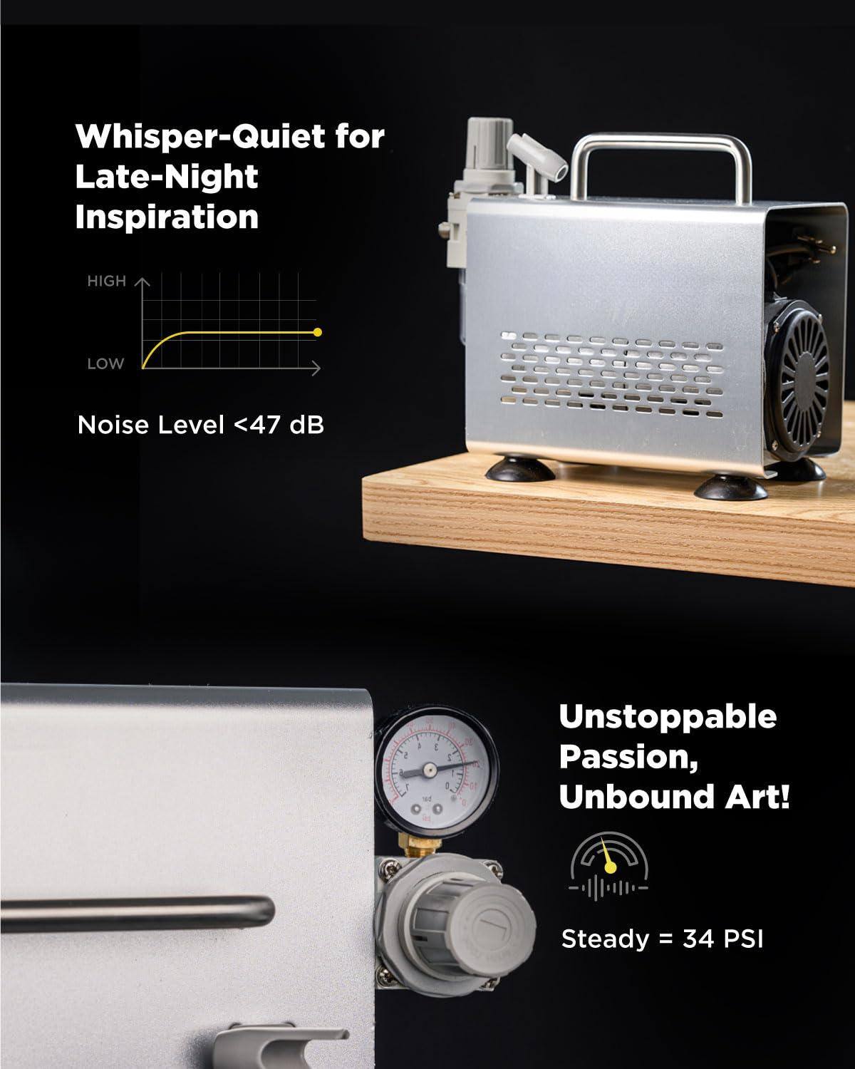 Whisper-Quiet for Late-Night Inspiration  
Noise Level <47 dB  

Unstoppable Passion, Unbound Art!  
Steady = 34 PSI