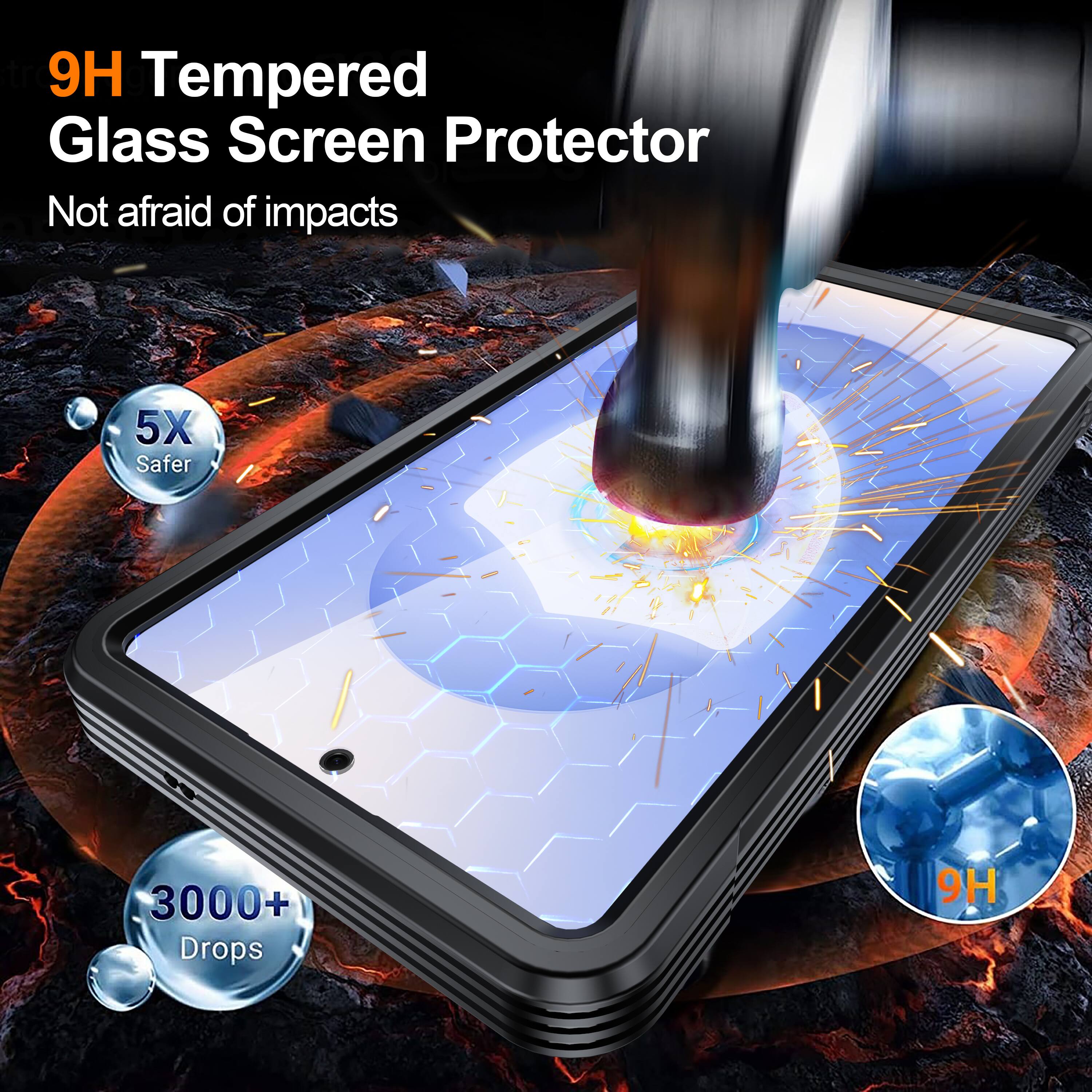 9H Tempered Glass Screen Protector  
Not afraid of impacts  
5X Safer  
3000+ Drops  
9H