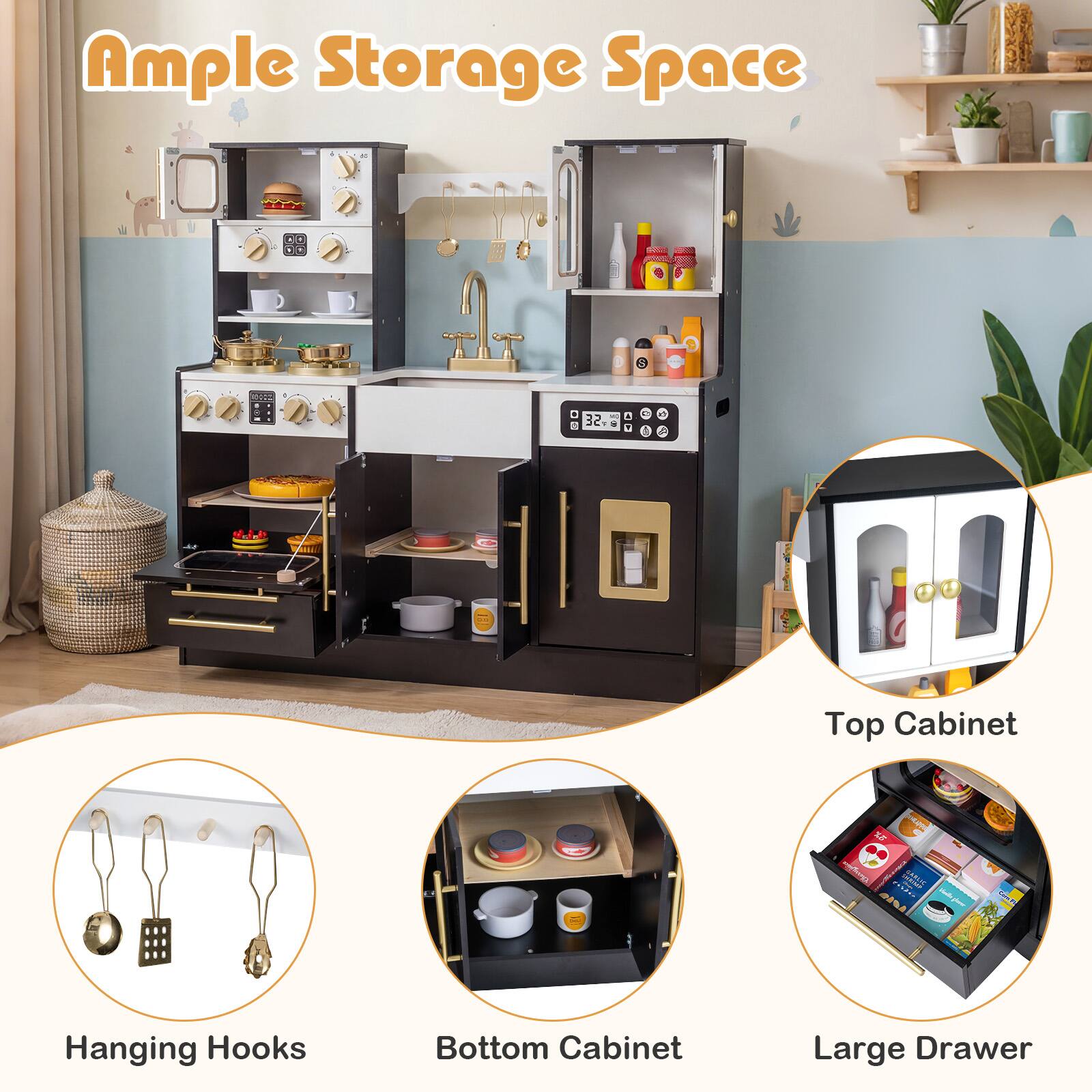 Ample Storage Space

- Top Cabinet
- Hanging Hooks
- Bottom Cabinet
- Large Drawer