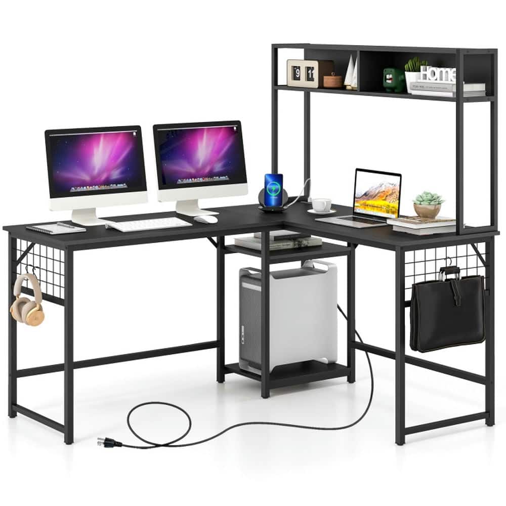 Kadyn - L-shaped Desk with Power Outlet Hutch- Home Office Desks, Gaming Computer Desks for Study,Working,Writing - Black