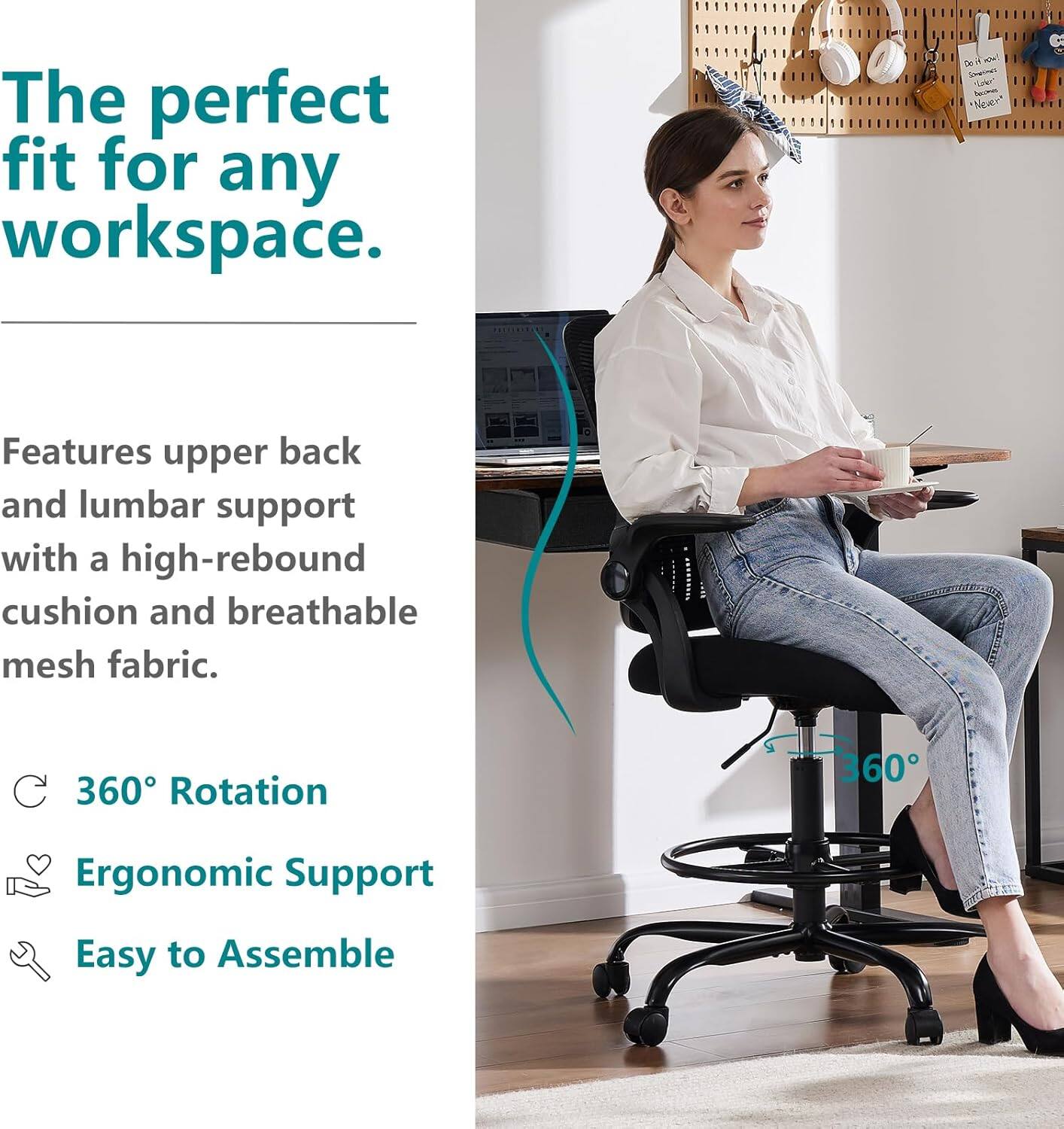 The perfect fit for any workspace. Features upper back and lumbar support with a high-rebound cushion and breathable mesh fabric. 360° Rotation Ergonomic Support Easy to Assemble