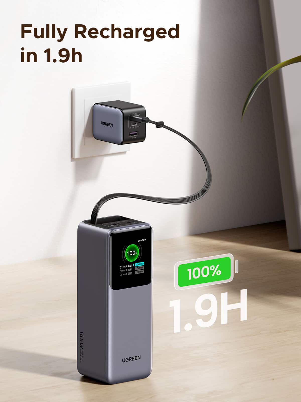 UGREEN Nexode 165W 20,000mAh Power Bank with Retractable Cable, 3