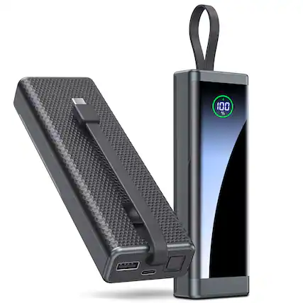 Front. Trigiz - 40000mAh Power Bank with 22.5W Fast Charging, Built-in Cables & LED Display, USB-C In/Out for iPhone, Samsung, iPad - Black.