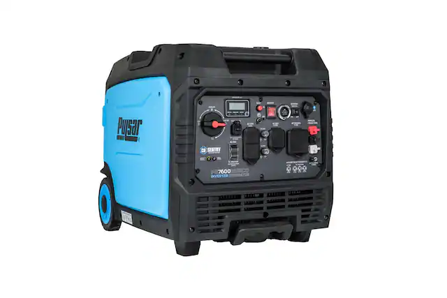 Sure, here is the corrected and grouped text from the image:
**Front Panel:**
- Pulsar
- PG7600
- INVERTER GENERATOR
- CO SENTRY
- AC 120V
- AC 240V
- DC 12V
- DC 24V
- DC 50A
- VOLTAGE SELECTOR
- BATTERY
- BATTERY SWITCH
- PARALLEL CONNECTORS
- AC OUTPUT
- DC OUTPUT
- DC 12V
- DC 24V
- DC 50A
- VOLTAGE SELECTOR
- BATTERY
- BATTERY SWITCH
- PARALLEL CONNECTORS
**Side Panel:**
- PG7600
- INVERTER GENERATOR
**Top Panel:**
- (Various control switches and indicators)
**Bottom Panel:**
- (Various certification and safety labels)