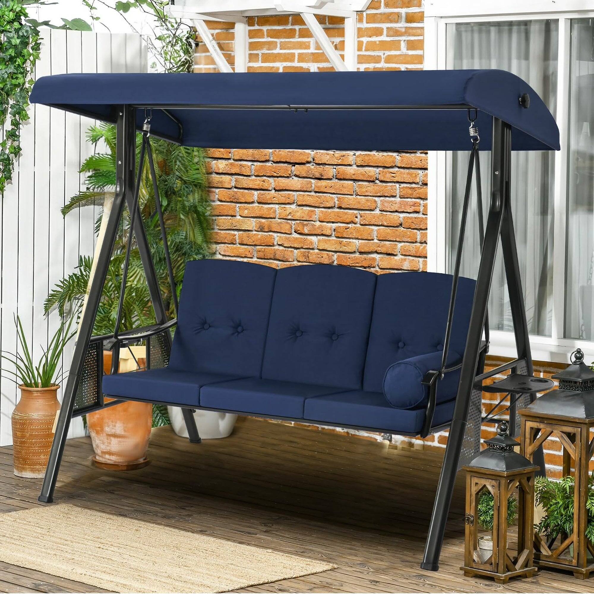 Alt View 3. Boyel Living - 3 Person Metal Patio Swing with Removable Cushion and Cup Holder Outdoor Porch Swing Chair - Blue.
