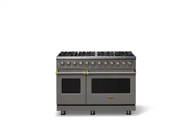 Front. Viking - 48 in. Wide 8 Burner Pro 5 Series 7.3Cu. Ft. Freestanding Sealed DF Convection Range/Griddle with Brushed Brass Trim - Damascus Gray.