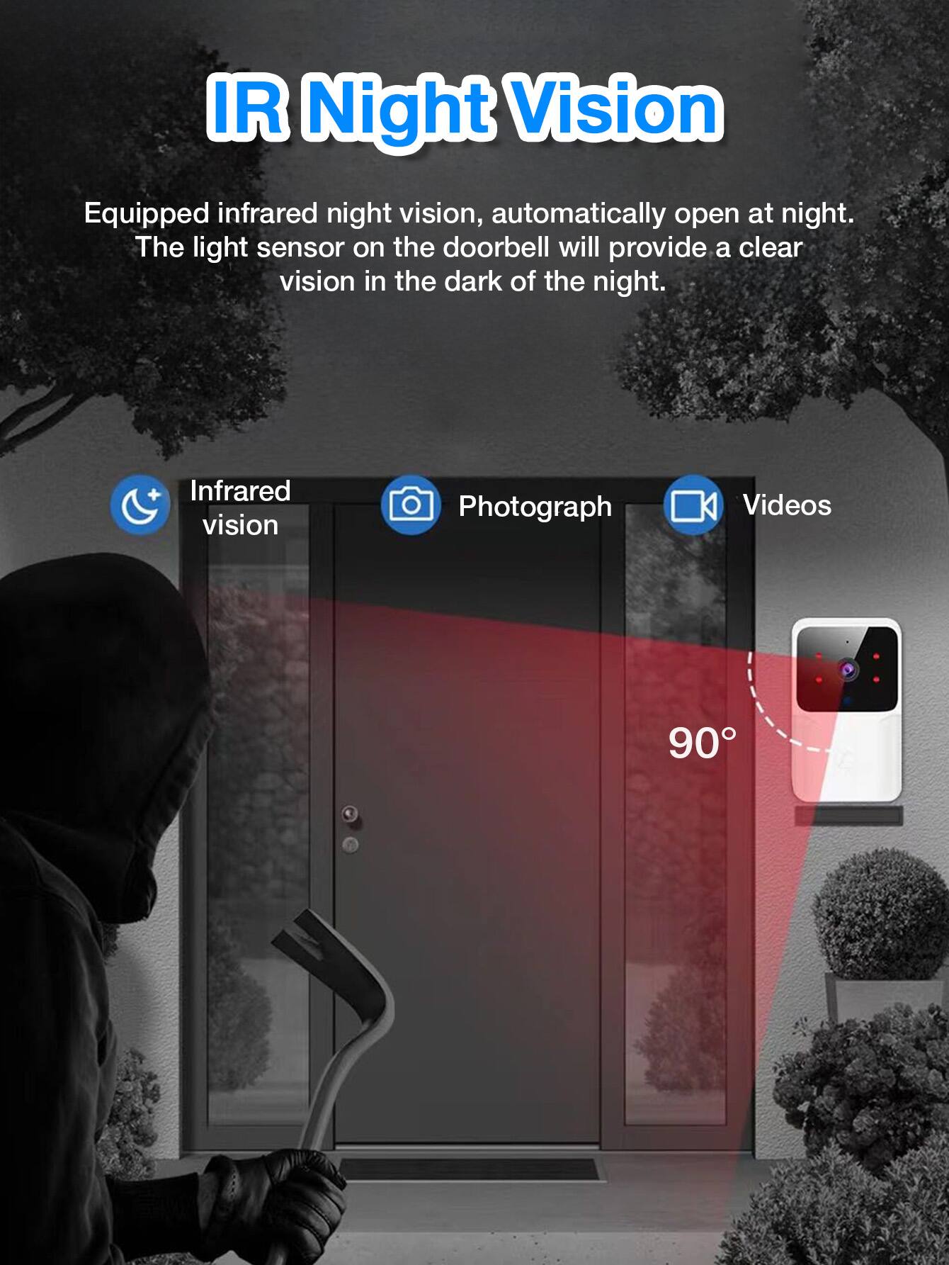 IR Night Vision

Equipped infrared night vision, automatically open at night. The light sensor on the doorbell will provide a clear vision in the dark of the night.

- Infrared vision
- Photograph
- Videos

90°