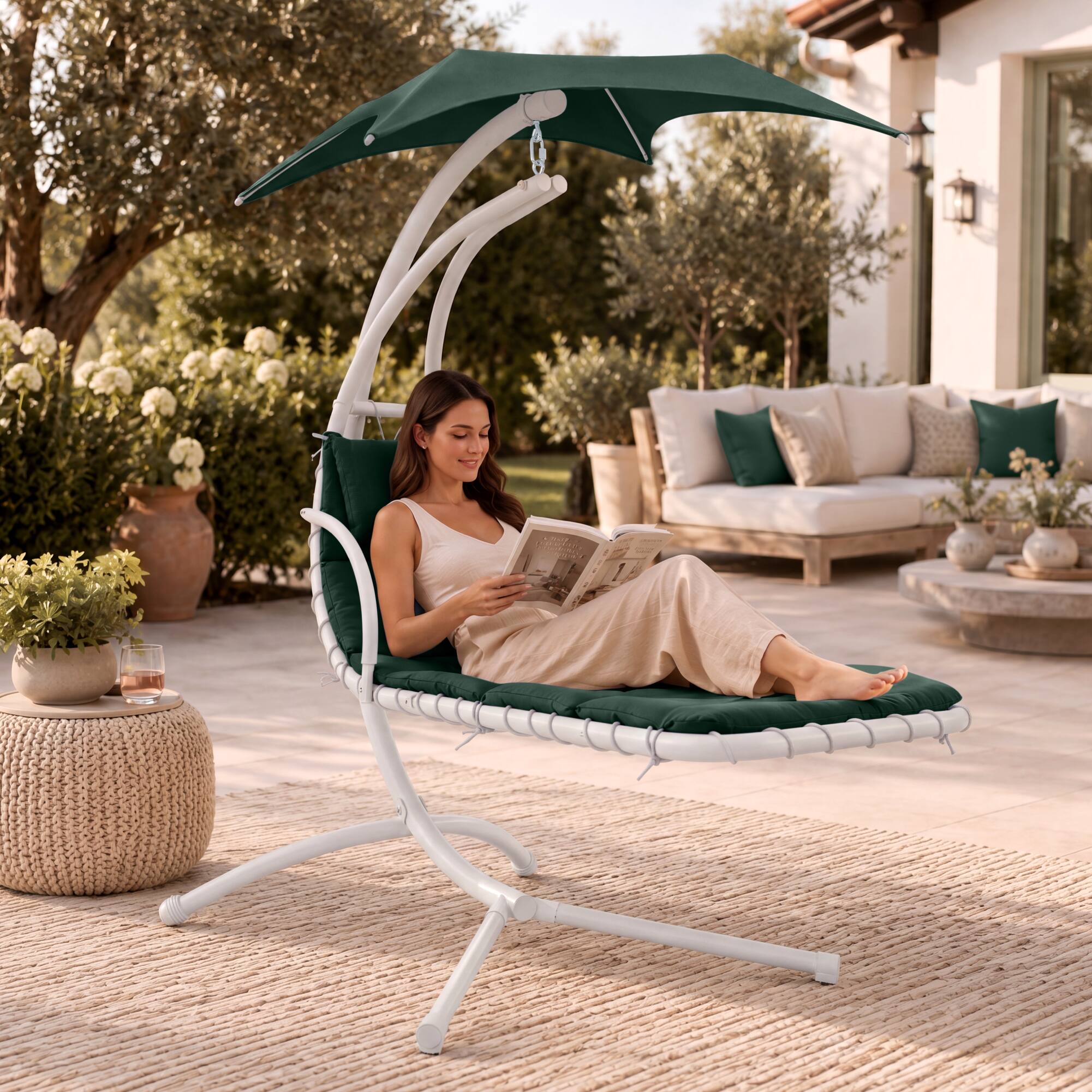 Alt View 6. Best Choice Products - Best Choice Products Hanging Curved Chaise Lounge Chair Swing w/ Pillow, Shade, Stand w/ gray pole - New Forest - New Forest.