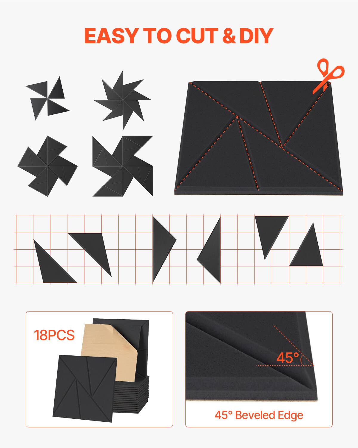 EASY TO CUT & DIY

18PCS

45° Beveled Edge