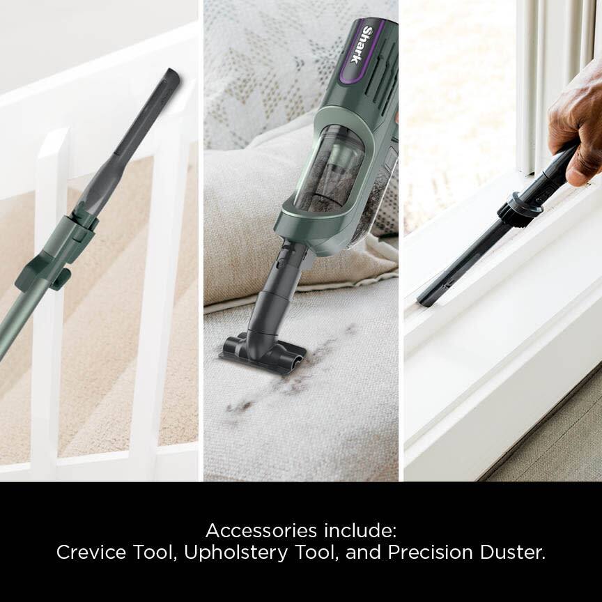Shark Accessories include: Crevice Tool, Upholstery Tool, and Precision Duster.