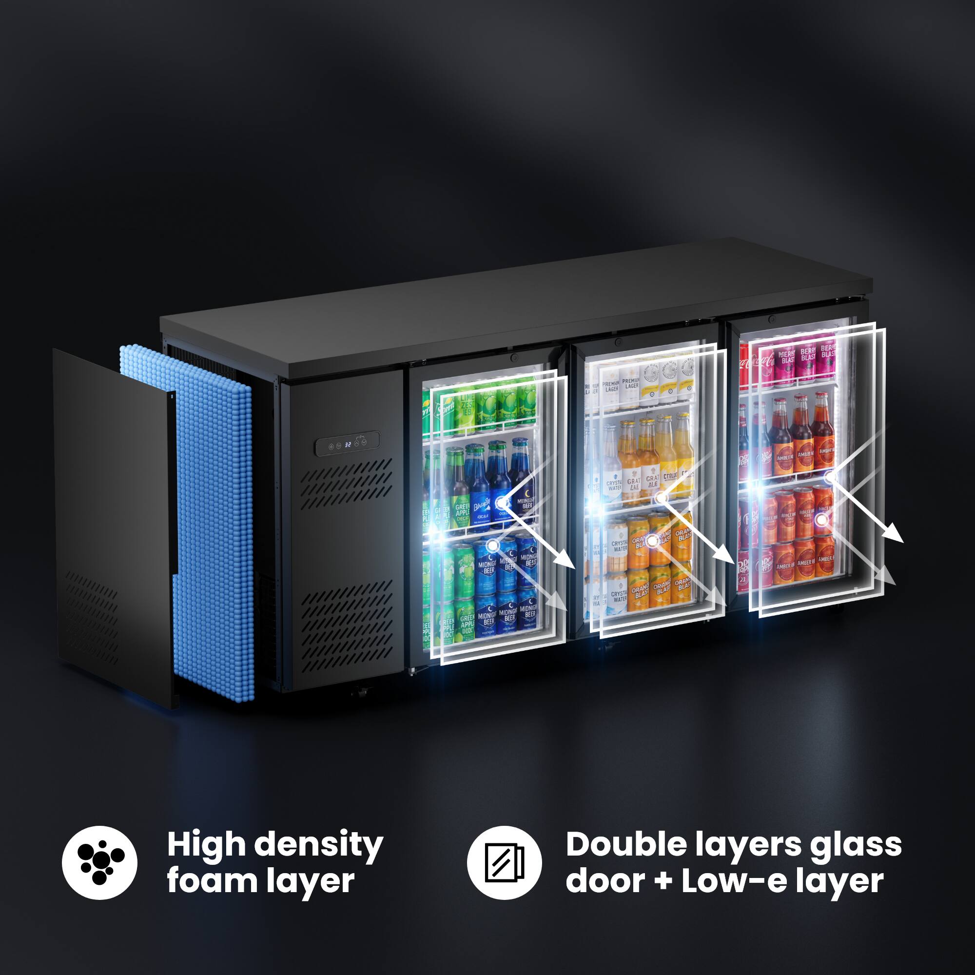 High density foam layer  
Double layers glass door + Low-e layer