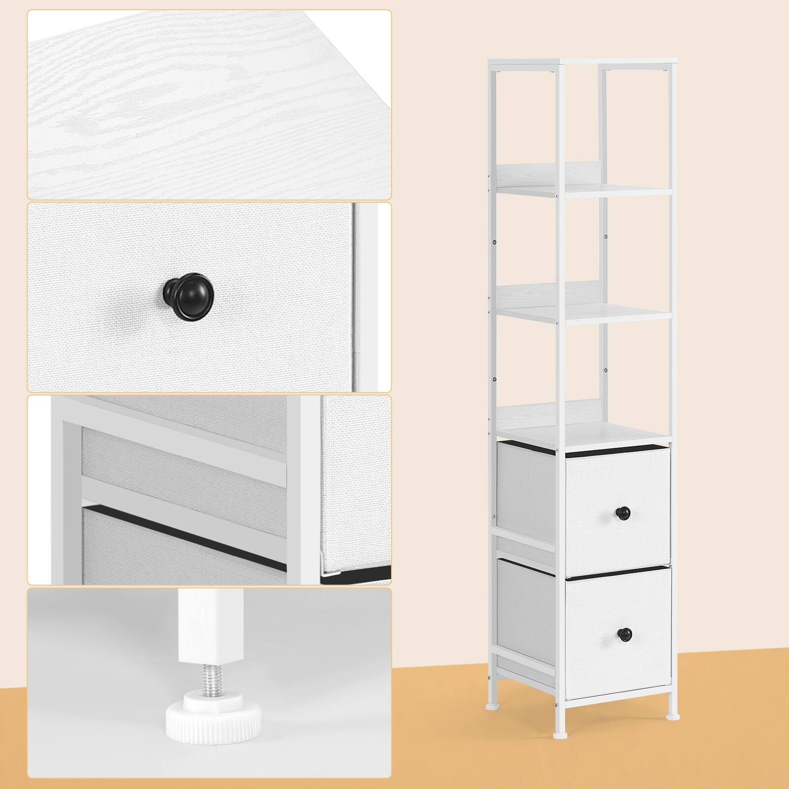 Left. Oumilen - 5-Tier Narrow Storage Shelf with 2 Fabric Drawers, White - White.