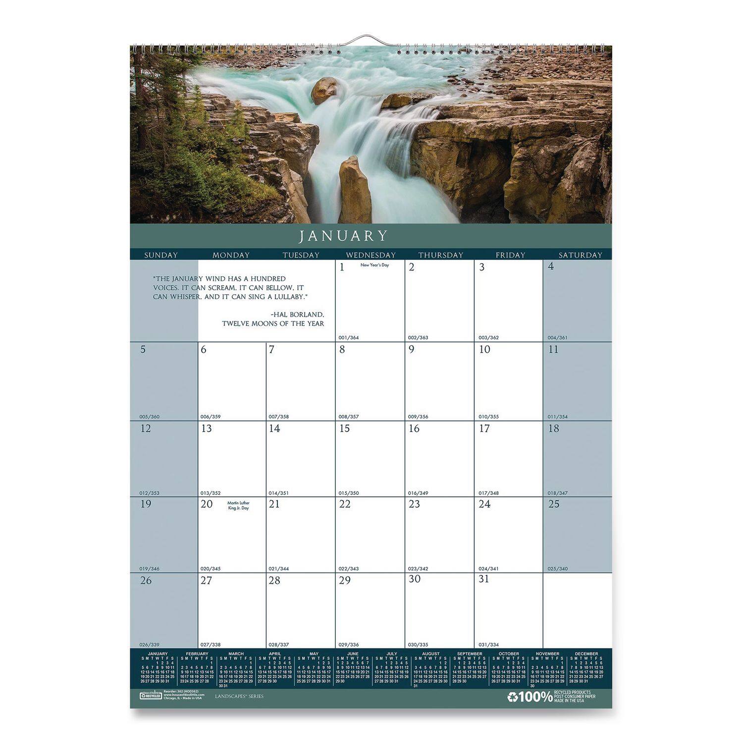 **JANUARY**

**SUNDAY** | **MONDAY** | **TUESDAY** | **WEDNESDAY** | **THURSDAY** | **FRIDAY** | **SATURDAY**

1 | 2 | 3 | 4 | 5 | 6 | 7

8 | 9 | 10 | 11 | 12 | 13 | 14

15 | 16 | 17 | 18 | 19 | 20 | 21

22 | 23 | 24 | 25 | 26 | 27 | 28

29 | 30 | 31

---

**"THE JANUARY WIND HAS A HUNDRED VOICES. IT CAN SCREAM, IT CAN BELLOWS, IT CAN WHISPER, AND IT CAN SING."**

**- HAL BORLAND**

**TWELVE MOONS OF THE YEAR**

---

**SUNDAY** | **MONDAY** | **TUESDAY** | **WEDNESDAY** | **THURSDAY** | **FRIDAY** | **SAT