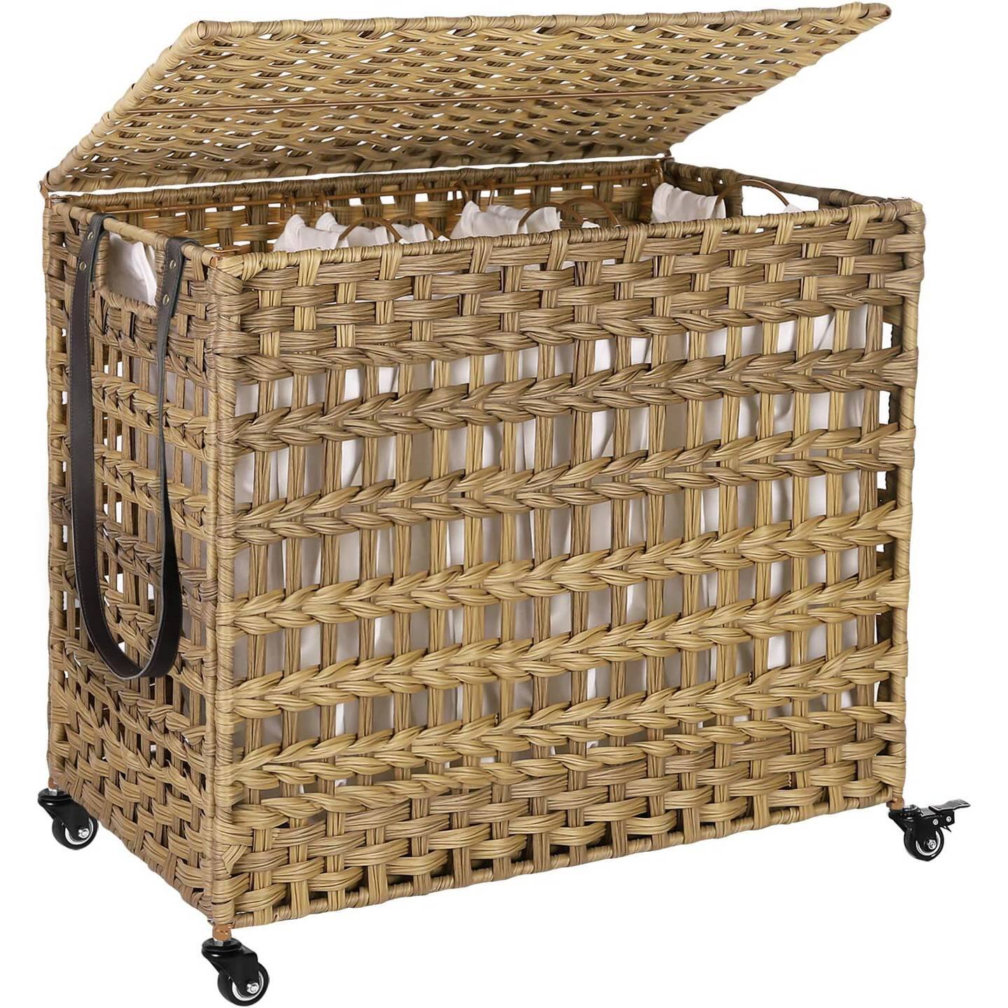 Angle. Hivvago - Tan PP Rattan 3-Basket Laundry Hamper Sorter Cart with Removable Cotton Bags - Natural.