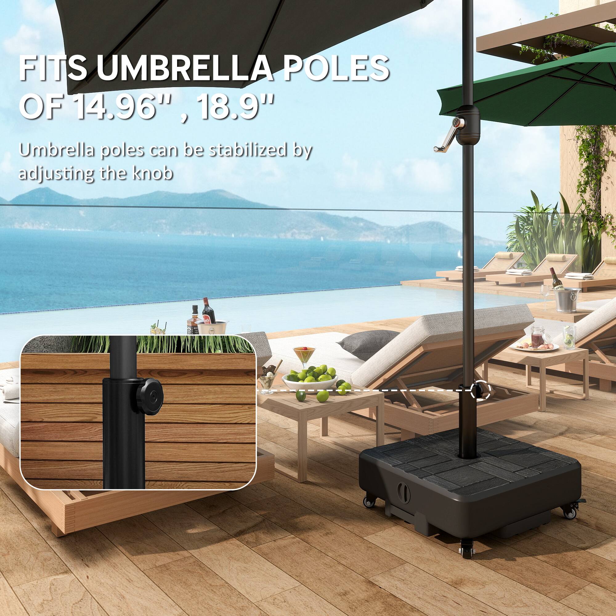 FITS UMBRELLA POLES OF 14.96", 18.9"

Umbrella poles can be stabilized by adjusting the knob