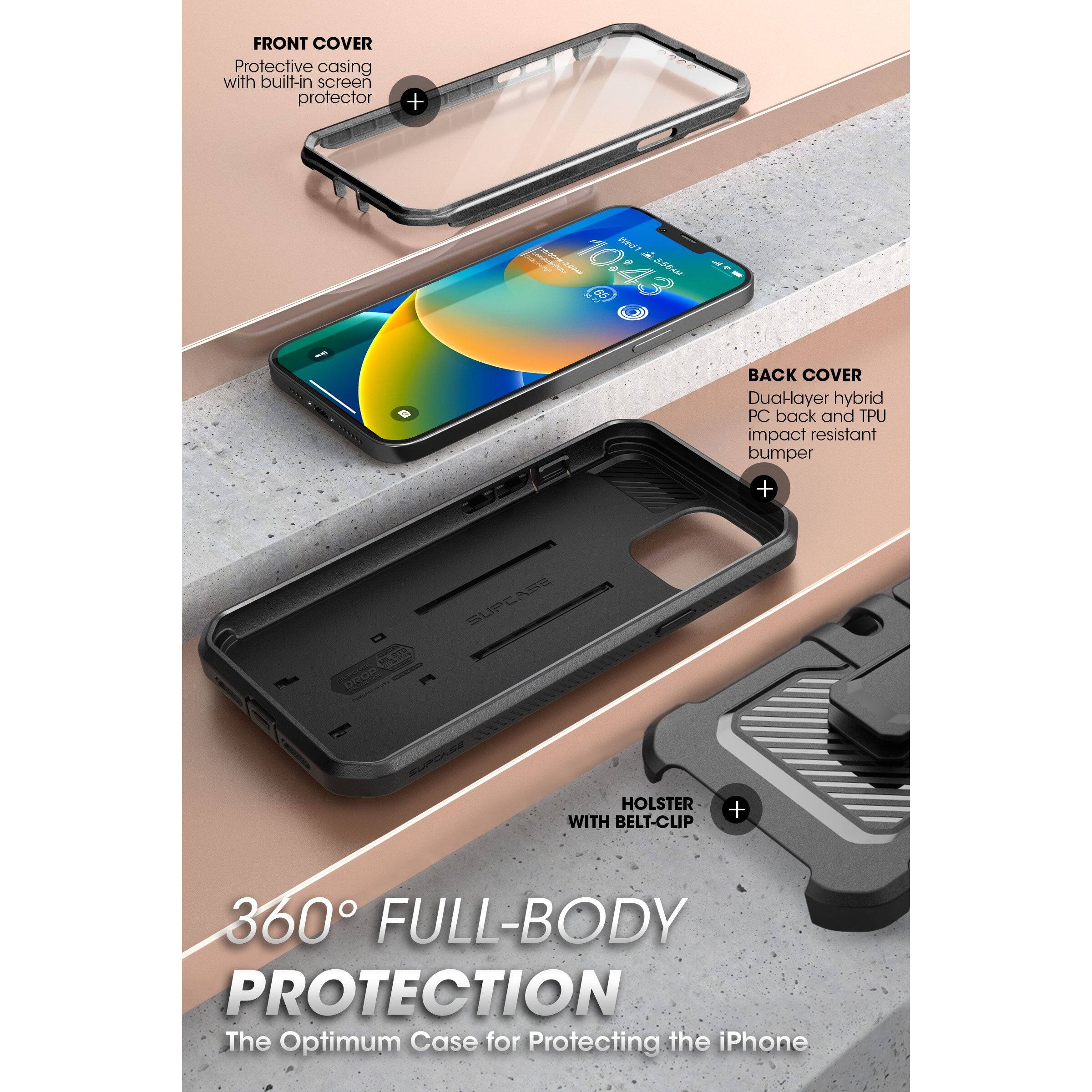 FRONT COVER  
Protective casing with built-in screen protector  

BACK COVER  
Dual-layer hybrid PC back and TPU impact resistant bumper  

HOLSTER WITH BELT-CLIP  

360° FULL-BODY PROTECTION  
The Optimum Case for Protecting the iPhone