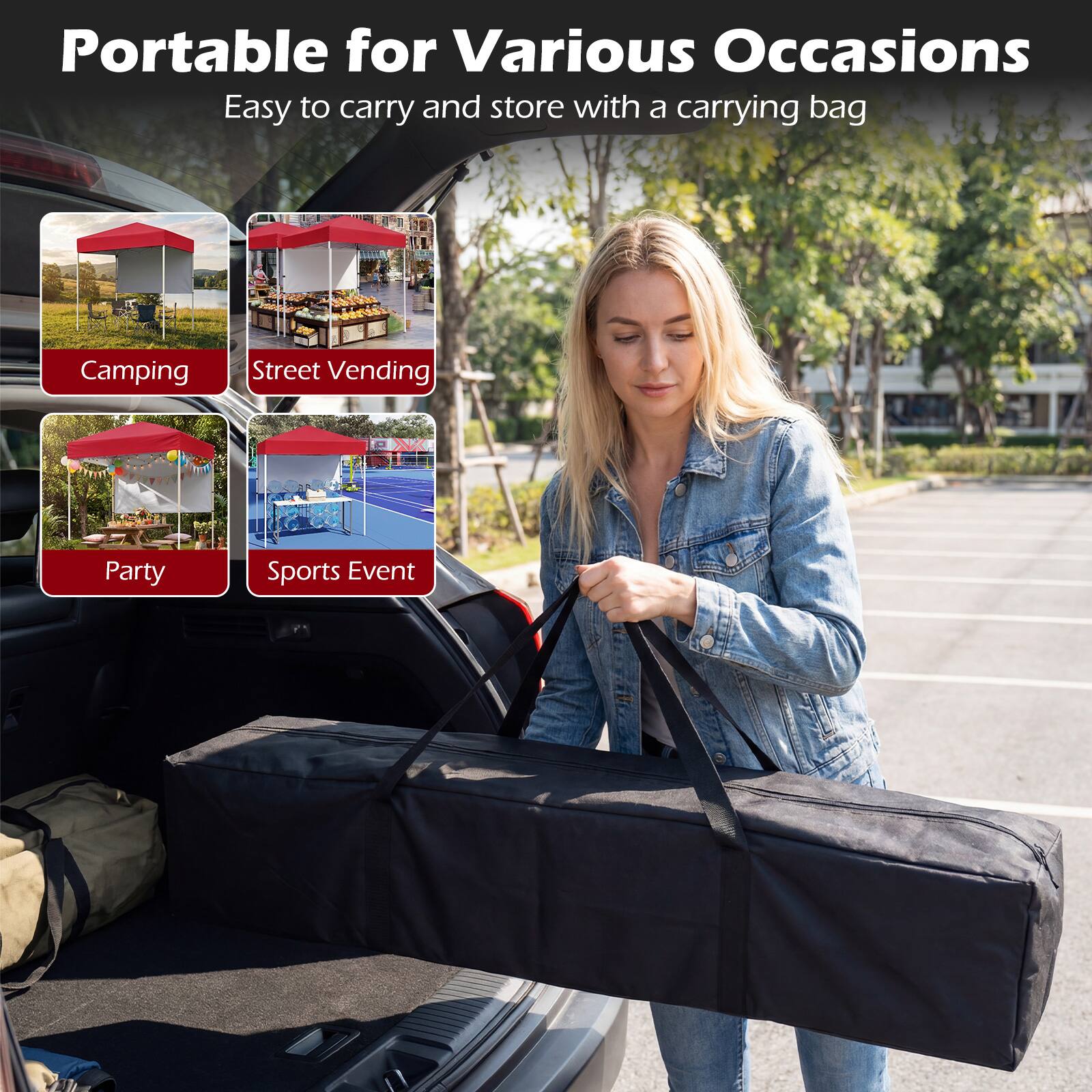 Portable for Various Occasions  
Easy to carry and store with a carrying bag  

Camping  
Street Vending  
Party  
Sports Event