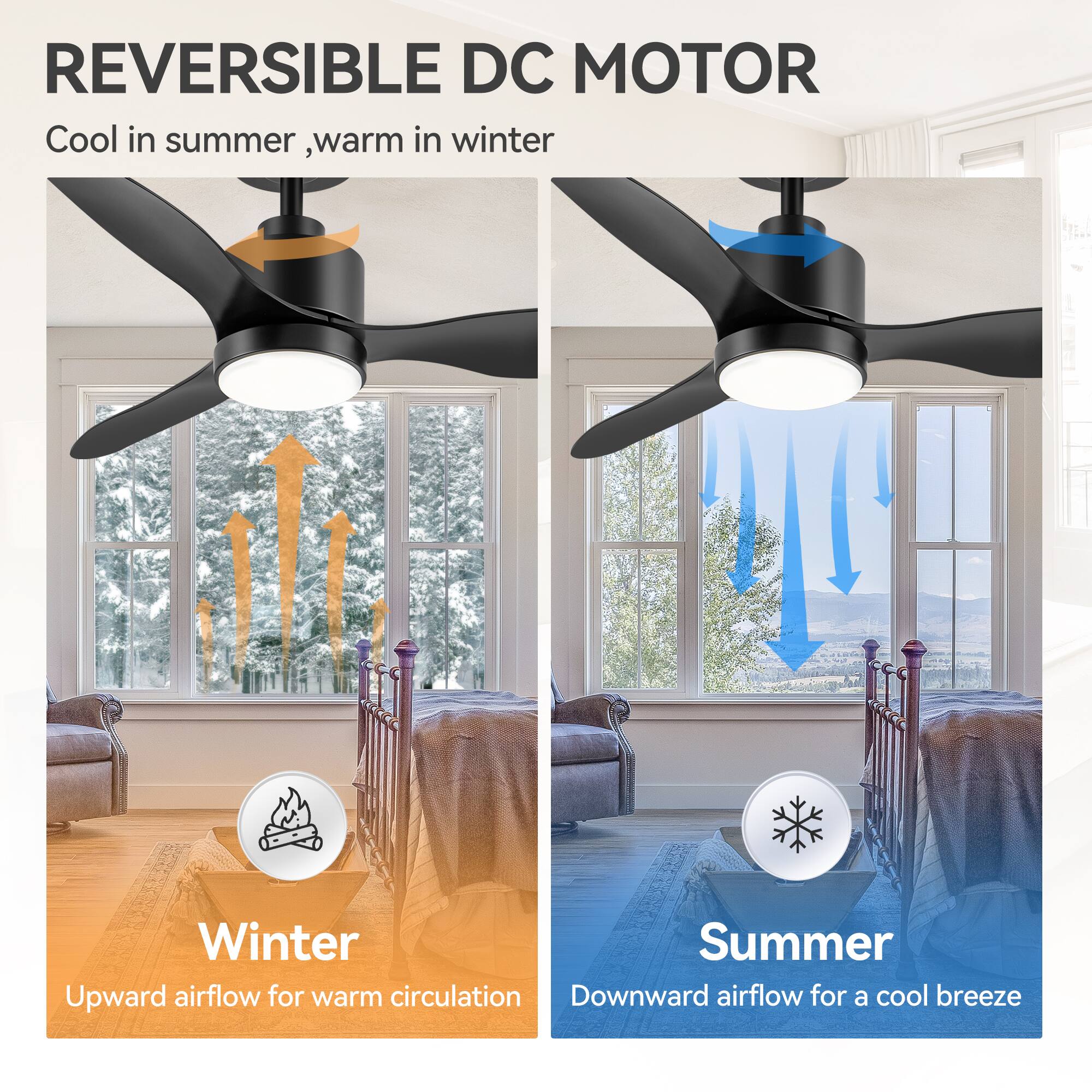 REVERSIBLE DC MOTOR  
Cool in summer, warm in winter  

Winter  
Upward airflow for warm circulation  

Summer  
Downward airflow for a cool breeze