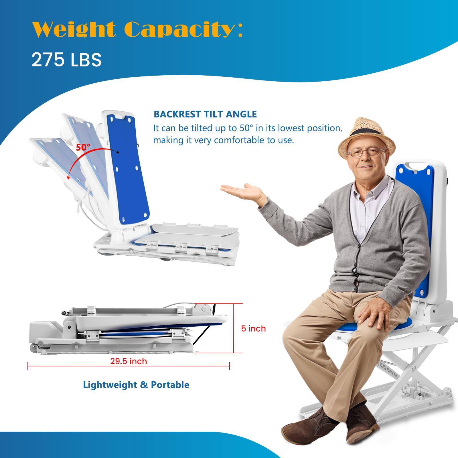 Weight Capacity: 275 LBS

BACKREST TILT ANGLE
It can be tilted up to 50° in its lowest position, making it very comfortable to use.

5 inch
29.5 inch

Lightweight & Portable