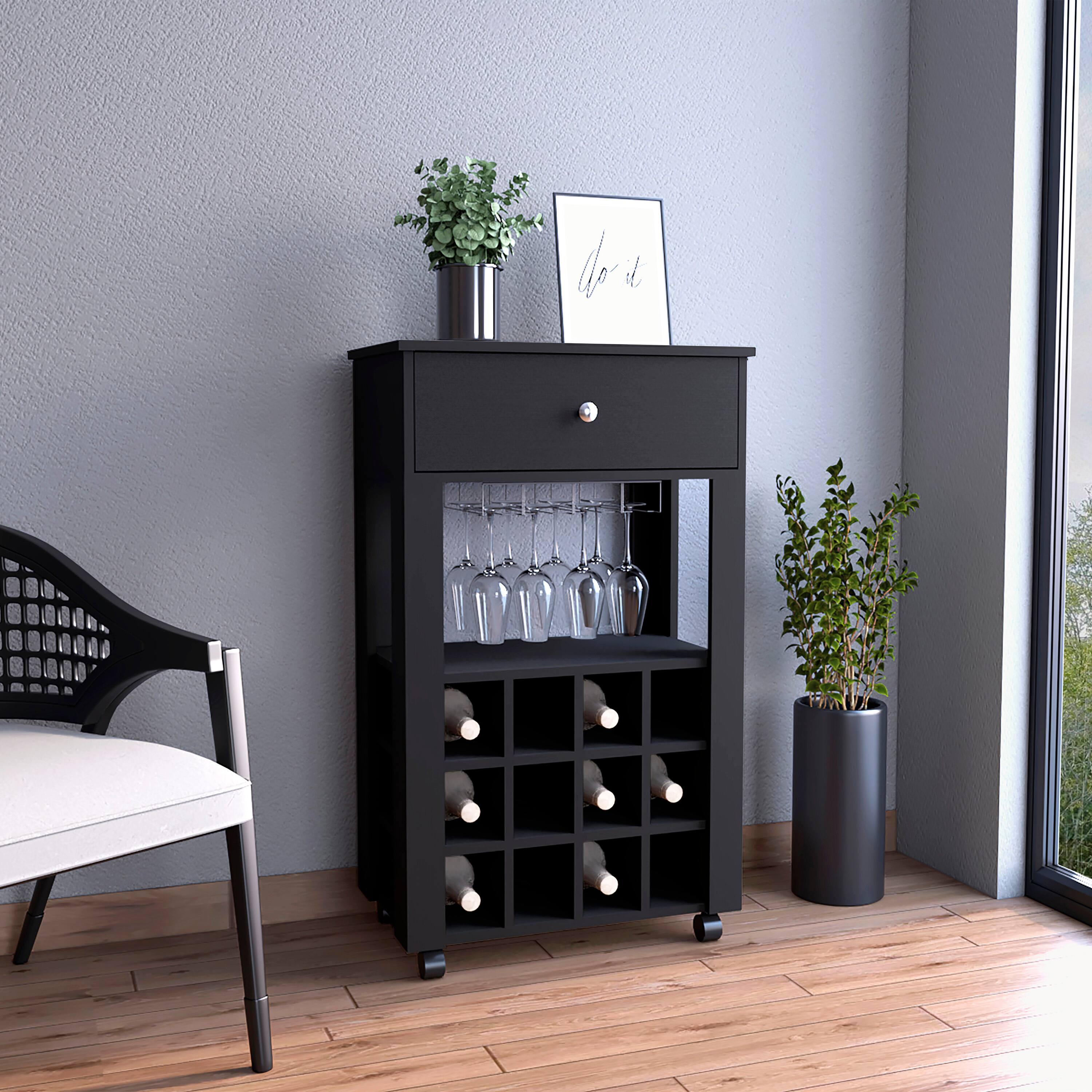 Front. TinyHomie - Memphis Bar Cart Twelve Built-in Wine Rack Four Legs One Open Shelf -Black.
