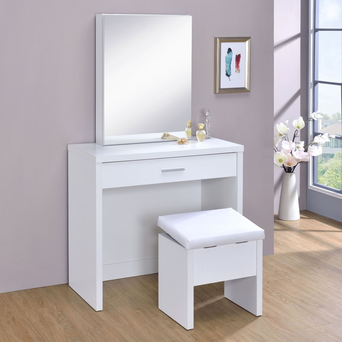 Loheer - Makeup Vanity Set with Mirror and Stool - White