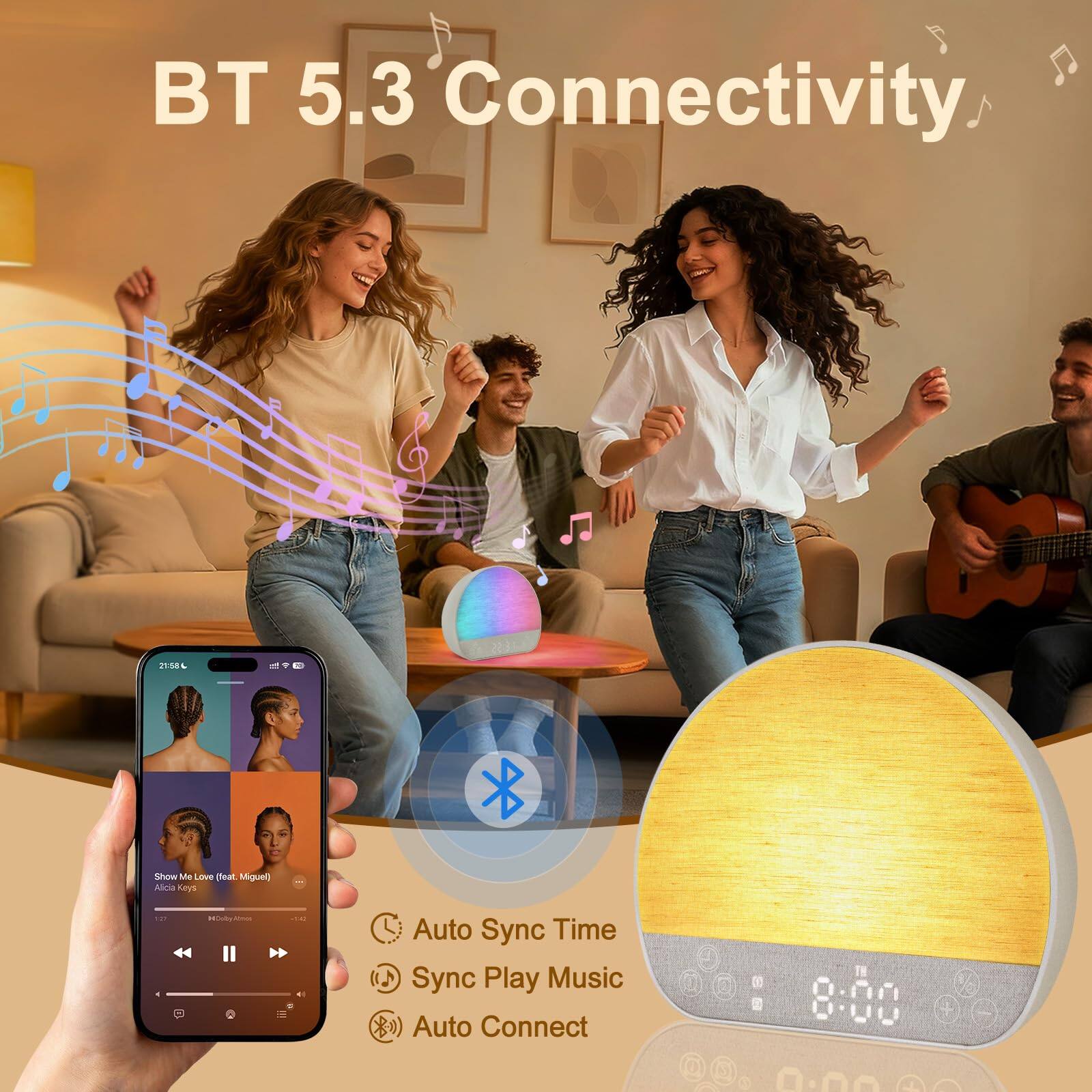 BT 5.3 Connectivity

Show Me Love (feat. Miguel) - Alicia Keys

Auto Sync Time
Sync Play Music
Auto Connect

8:00