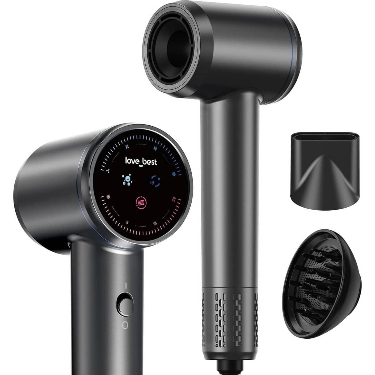 Love Best - Ionic Hair Dryer with Magnetic Diffuser, Quiet Blow Dryer with Sliding Touchscreen, Lightweight Dryer for Women Men - Gray