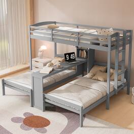 Whisen - Twin over Twin over Twin Bunk Bed with Built-in Desk, Storage Shelves and LED Reading Lamp - Gray