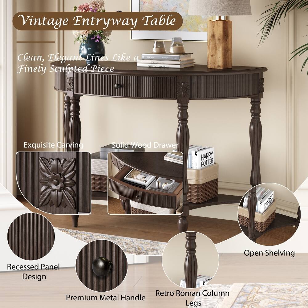 Vintage Entryway Table

Clean, Elegant Lines Like a Finely Sculpted Piece

Exquisite Carving

Solid Wood Drawer

Recessed Panel Design

Premium Metal Handle

Retro Roman Column Legs

Open Shelving