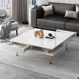 Tiramisubest - Exquisite High Gloss Coffee Table with 4 Golden Legs and 2 Small Drawers,2-Tier Square Center Table - White