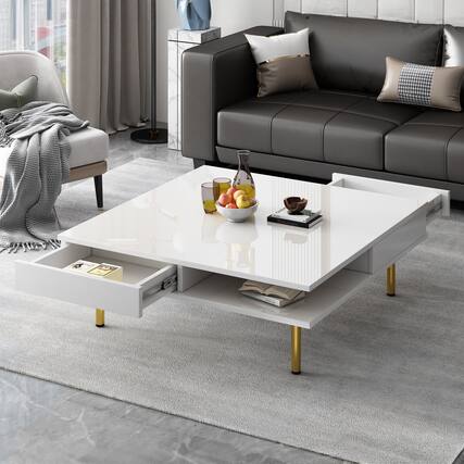 Front. Tiramisubest - Exquisite High Gloss Coffee Table with 4 Golden Legs and 2 Small Drawers,2-Tier Square Center Table,White - White.