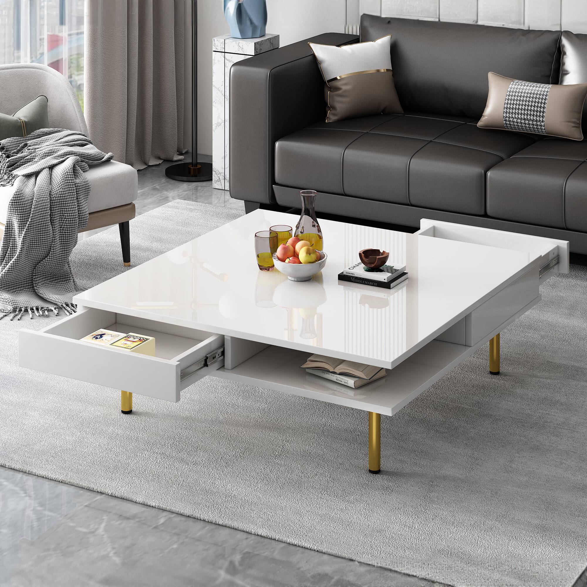 Front. Tiramisubest - Exquisite High Gloss Coffee Table with 4 Golden Legs and 2 Small Drawers,2-Tier Square Center Table,White - White.